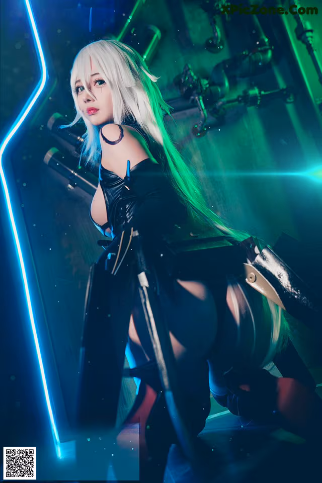 A woman with long white hair holding a sword.