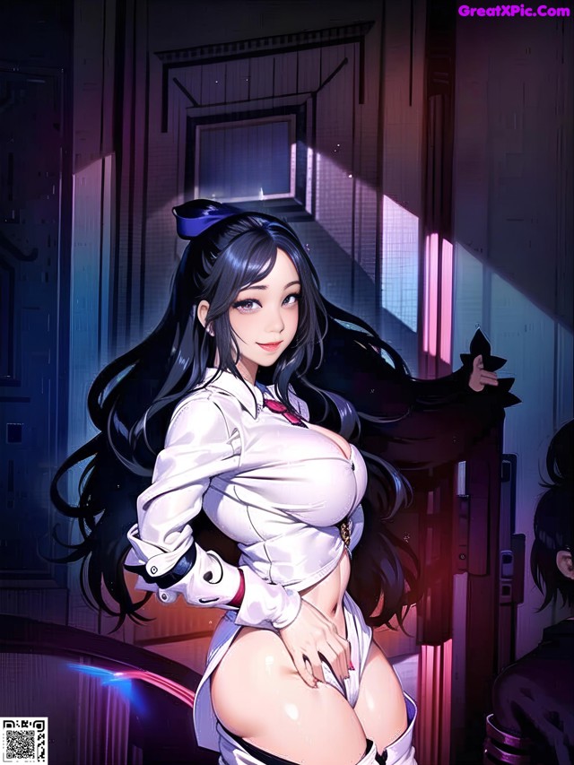 A woman in a white shirt and black pants is posing for a picture.