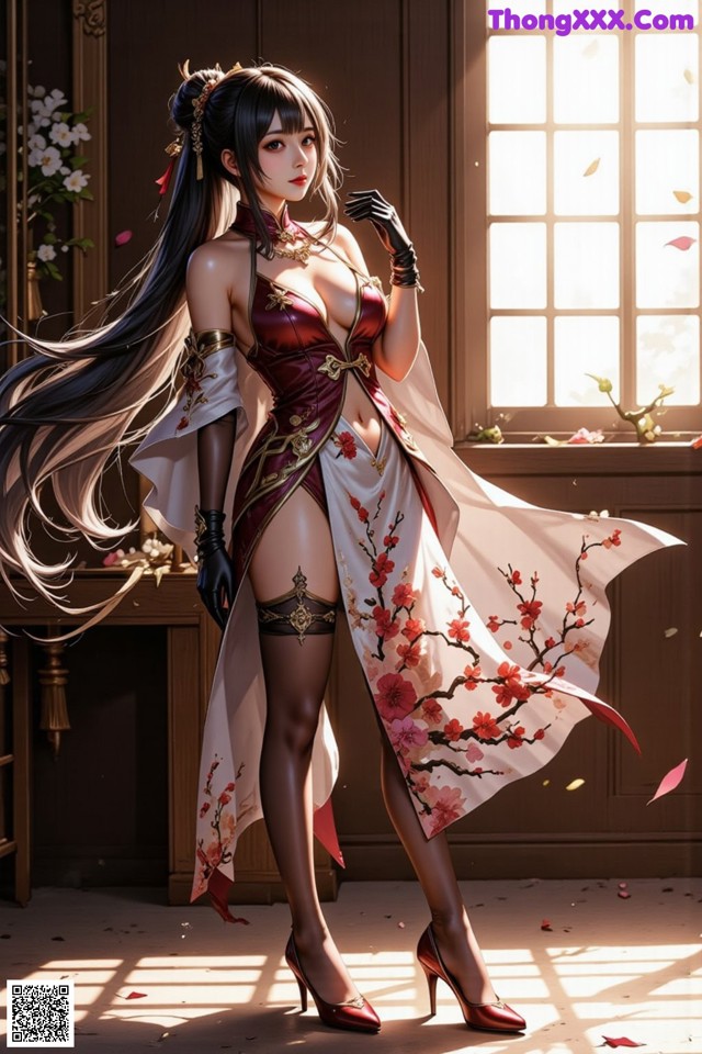 A woman in a red and white dress standing in front of a window.