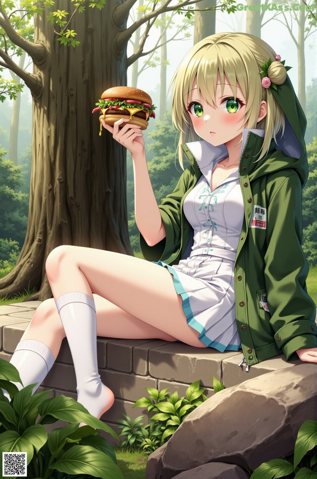 A girl sitting on a rock eating a hamburger.