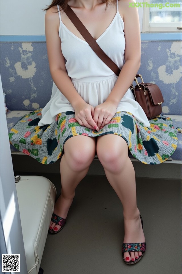 A woman sitting on a train with her legs crossed.