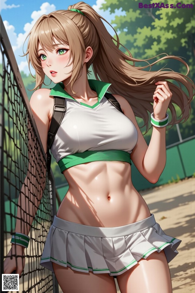 A woman in a tennis outfit holding a tennis racket.