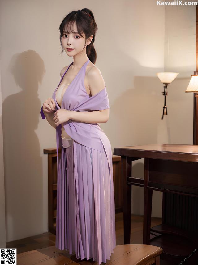 A woman in a purple dress standing in a room.