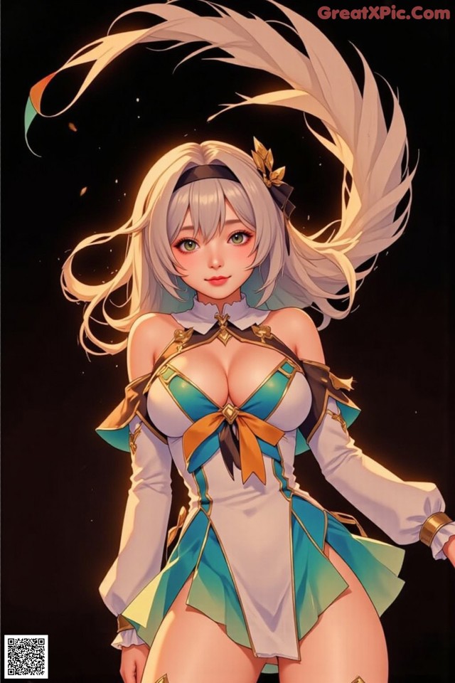 A woman in a white and blue outfit with long blonde hair.