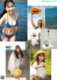 A collage of photos of a woman in a bikini and a straw hat.